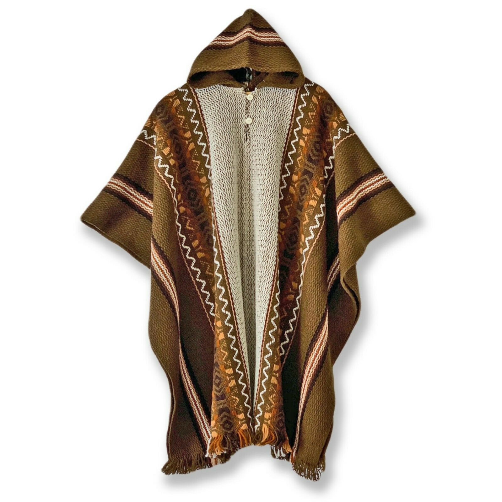 Llama Wool Unisex South American Handwoven Hooded Poncho - solid Khaki/Brown with diamonds pattern