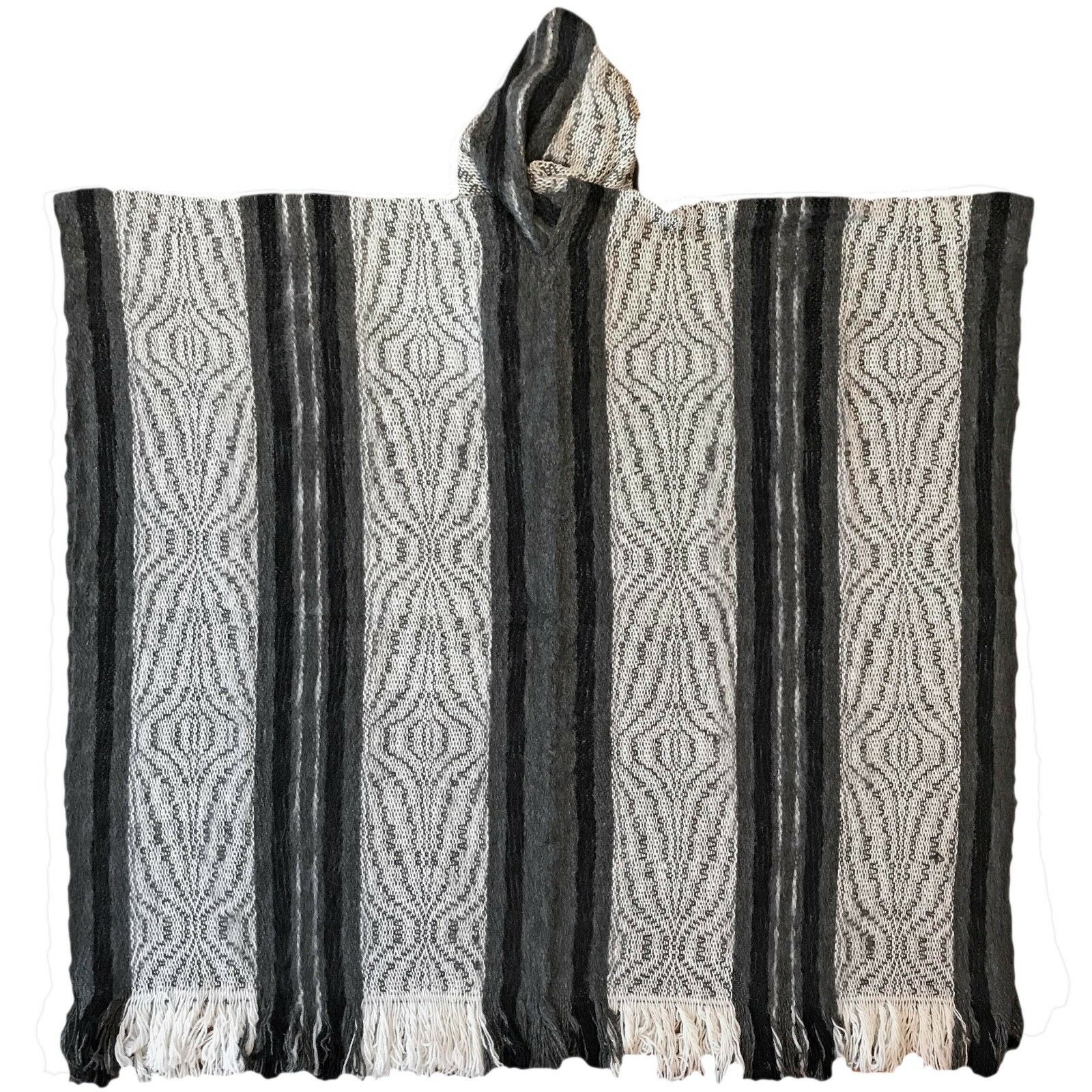 Llama Wool Unisex South American Handwoven Hooded Poncho - wavy striped pattern