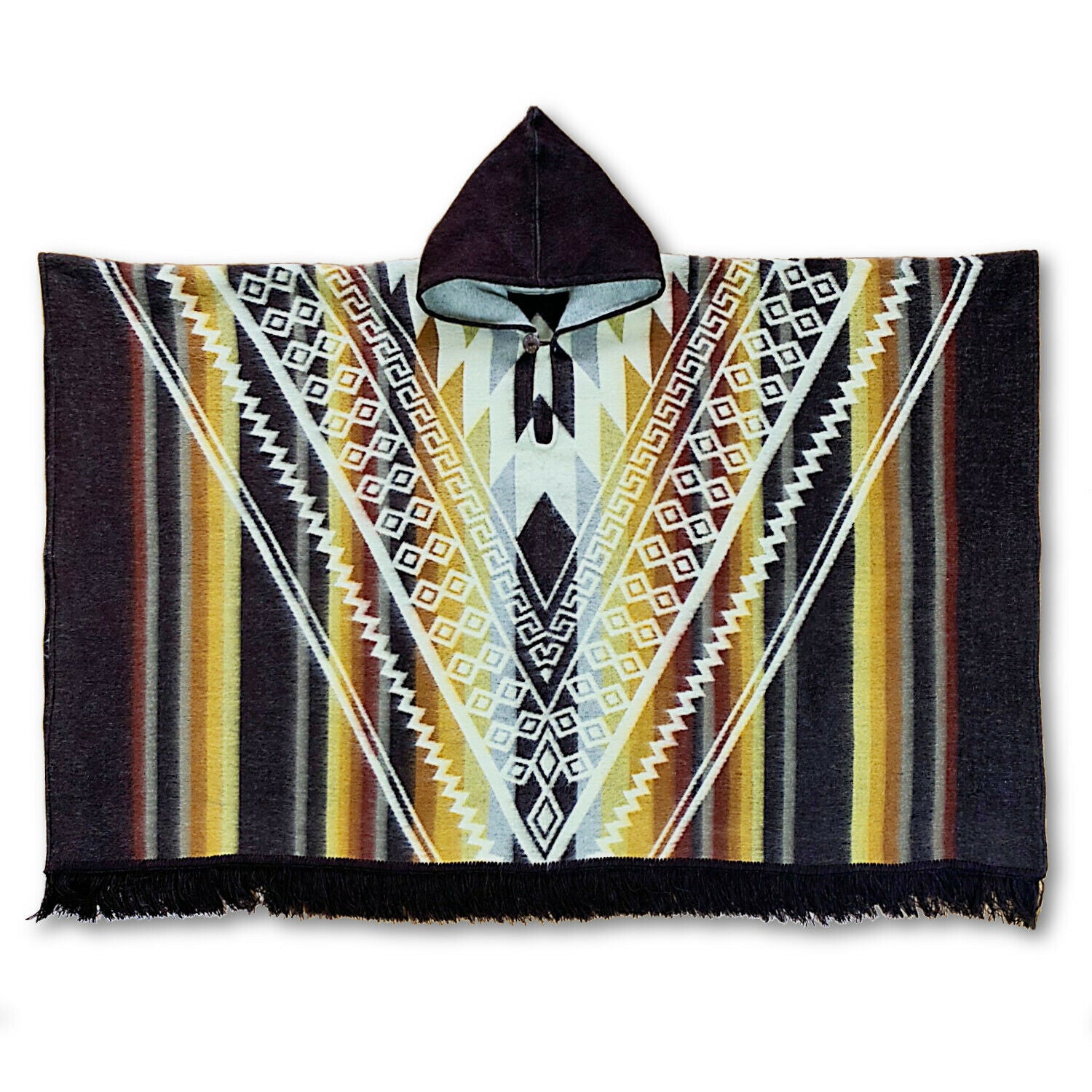 Shakai - Baby Alpaca wool Hooded Unisex Poncho XXL - Aztec pattern - BLACK