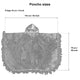 A hooded poncho with fringed edges is shown flat, measuring 115 cm (45 inches) wide and 75 cm (30 inches) long. The fringe is 10 cm (4 inches) long. Text: Poncho sizes.