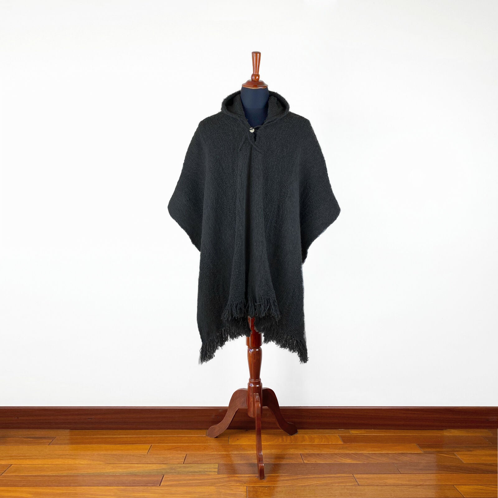 Llama Wool Unisex South American Handwoven Hooded Poncho - solid black pattern