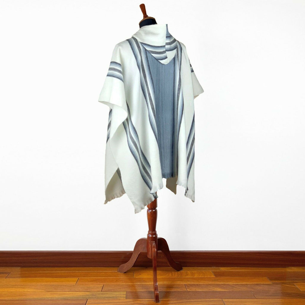 Carchipulla - Lightweight Baby Alpaca Hooded Poncho - Striped White/Gr ...