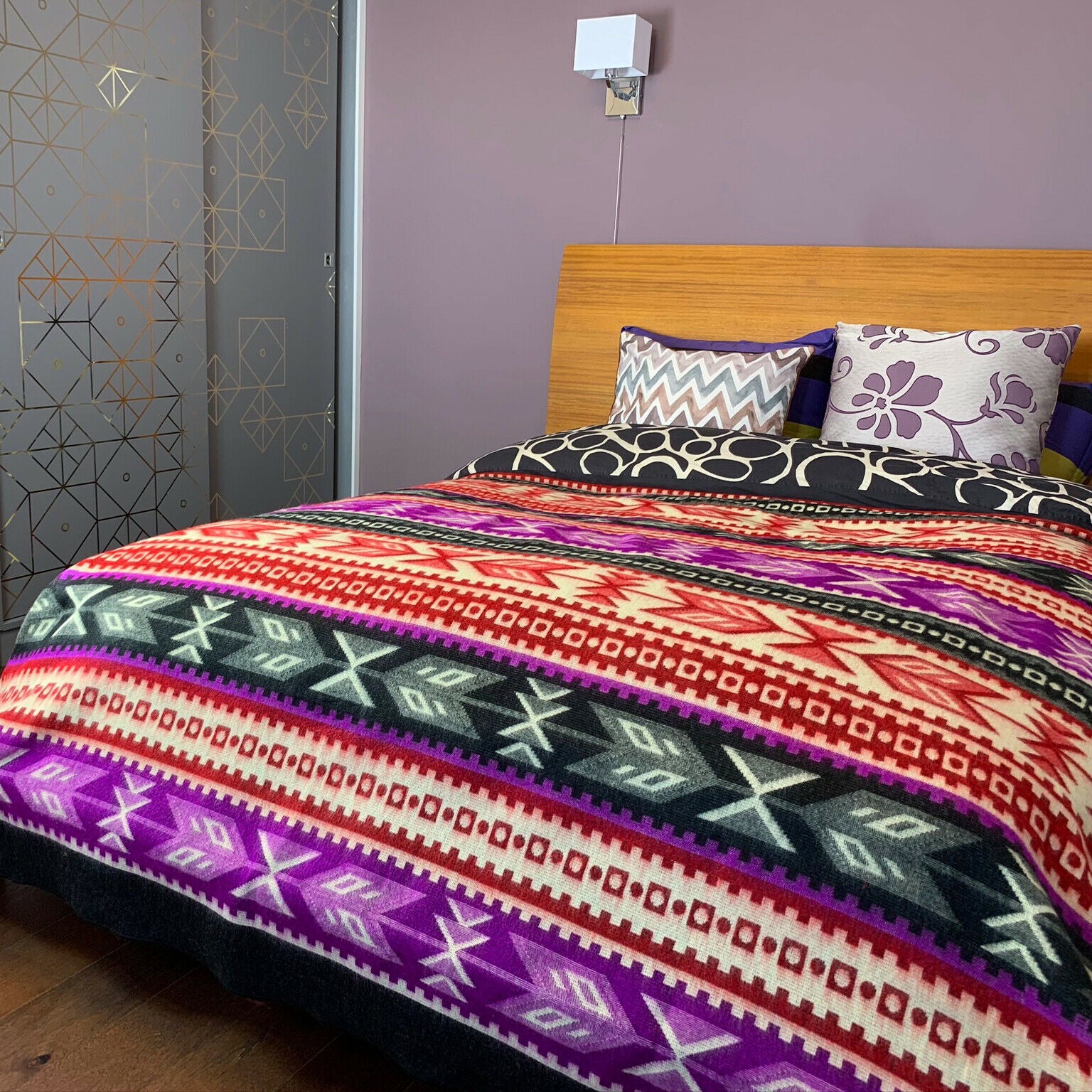 Guambupe - Baby Alpaca Blanket - Extra Large - Aztec Southwest Pattern - Purple