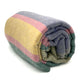 Guagua baby alpaca wool blanket – a rolled-up blanket features pastel stripes in shades of yellow, pink, gray, and green, resting on a white background