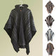 Llama Wool Hooded Poncho – a black hooded poncho with white stripes hangs on a hanger against a light green background. Four smaller images on the right show similar ponchos in varying colors and stripe patterns