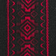 Llama Wool Hooded Poncho – a woven fabric displays intricate geometric patterns in red and black hues, featuring diamond shapes and zigzag lines, creating a textured, symmetrical design