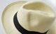 A straw hat features a black band and a textured surface, resting on a neutral background, suggesting a casual, summery setting.