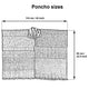 A poncho with a collar lies flat with measurements indicated: width 110 cm (43 inches) and height 85 cm (33.5 inches). The top reads Poncho sizes.