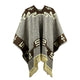Poncho resting flat, displaying geometric patterns and decorative motifs in brown and beige. Fringed edges add texture. Set against a plain white background, highlighting its intricate design.