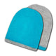 Two beanies are lying on a white surface. One is bright blue, and the other is grey, both with a subtle texture.