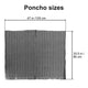 A textured fabric with vertical stripes, possibly a poncho, is displayed flat. It measures 47 inches (120 cm) in width and 33.5 inches (85 cm) in height. Text reads Poncho sizes.