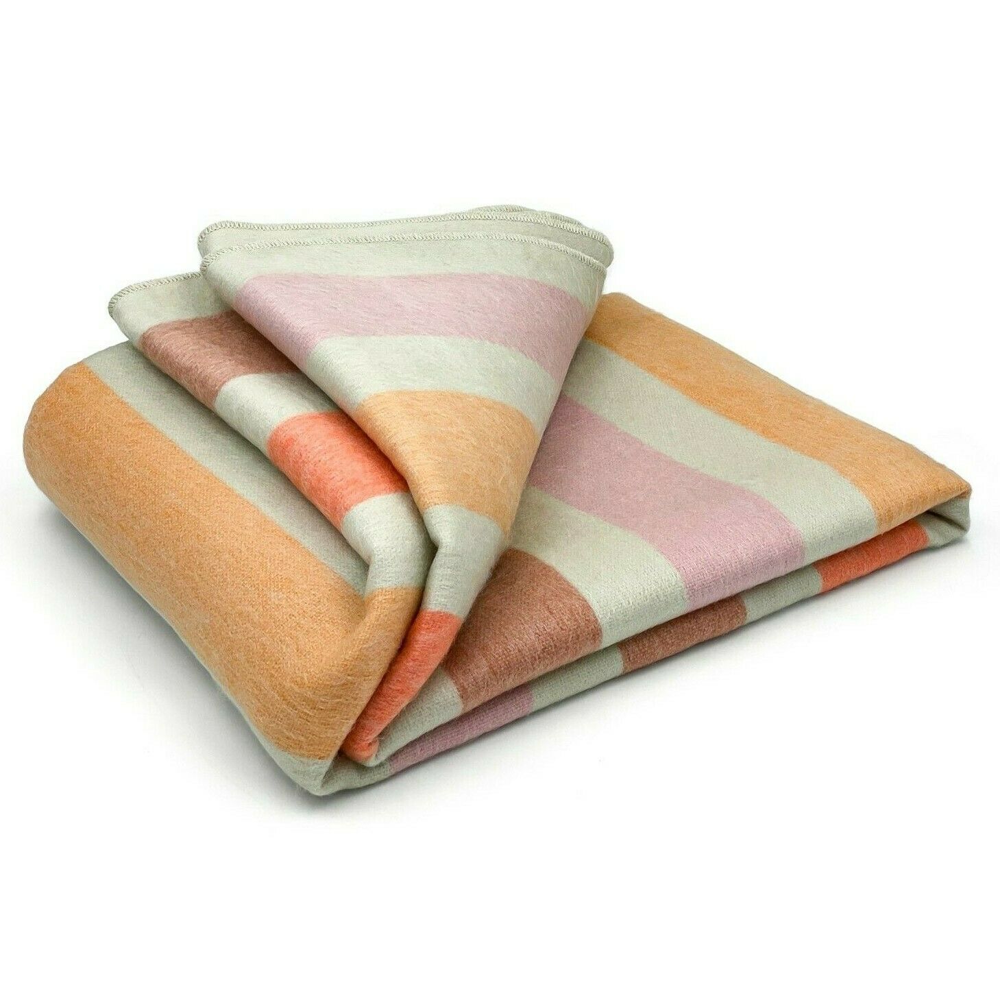 Lloa - Baby Alpaca Wool Throw Blanket / Sofa Cover - Queen 95" x 66" - striped cream/soft pink/carrot/orange/mocha
