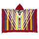 Guismi alpaca wool hooded poncho – a colorful poncho with a red hood features vibrant geometric patterns in yellow, blue, and white. It has fringed edges, combining traditional and modern design elements