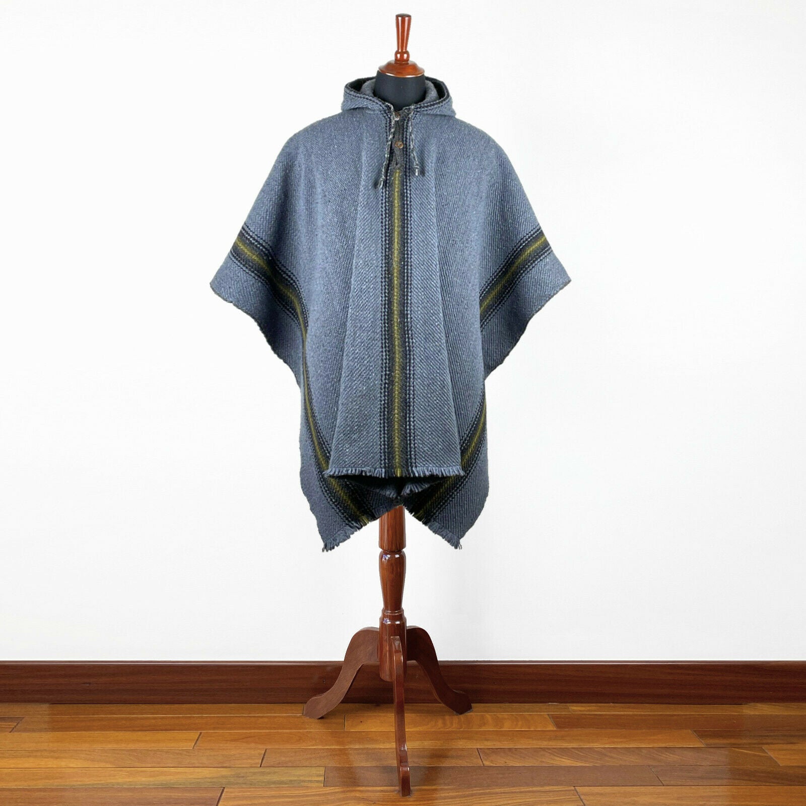 Llama Wool Unisex South American Handwoven Hooded Poncho - thin stripes - grey