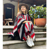 Load image into Gallery viewer, Llama Wool Unisex South American Handwoven Poncho - striped pattern BLACK/WHITE/RED with red diamonds