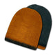 Two beanies are layered, with the top one in a solid burnt orange color and the bottom one in dark green. The background is plain white.