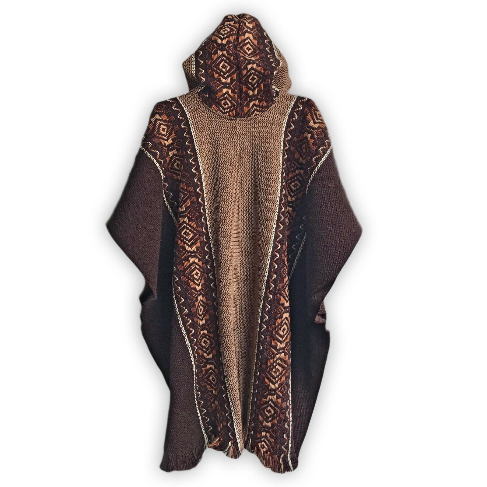 Llama Wool Unisex South American Handwoven Hooded Poncho - solid brown with diamonds pattern