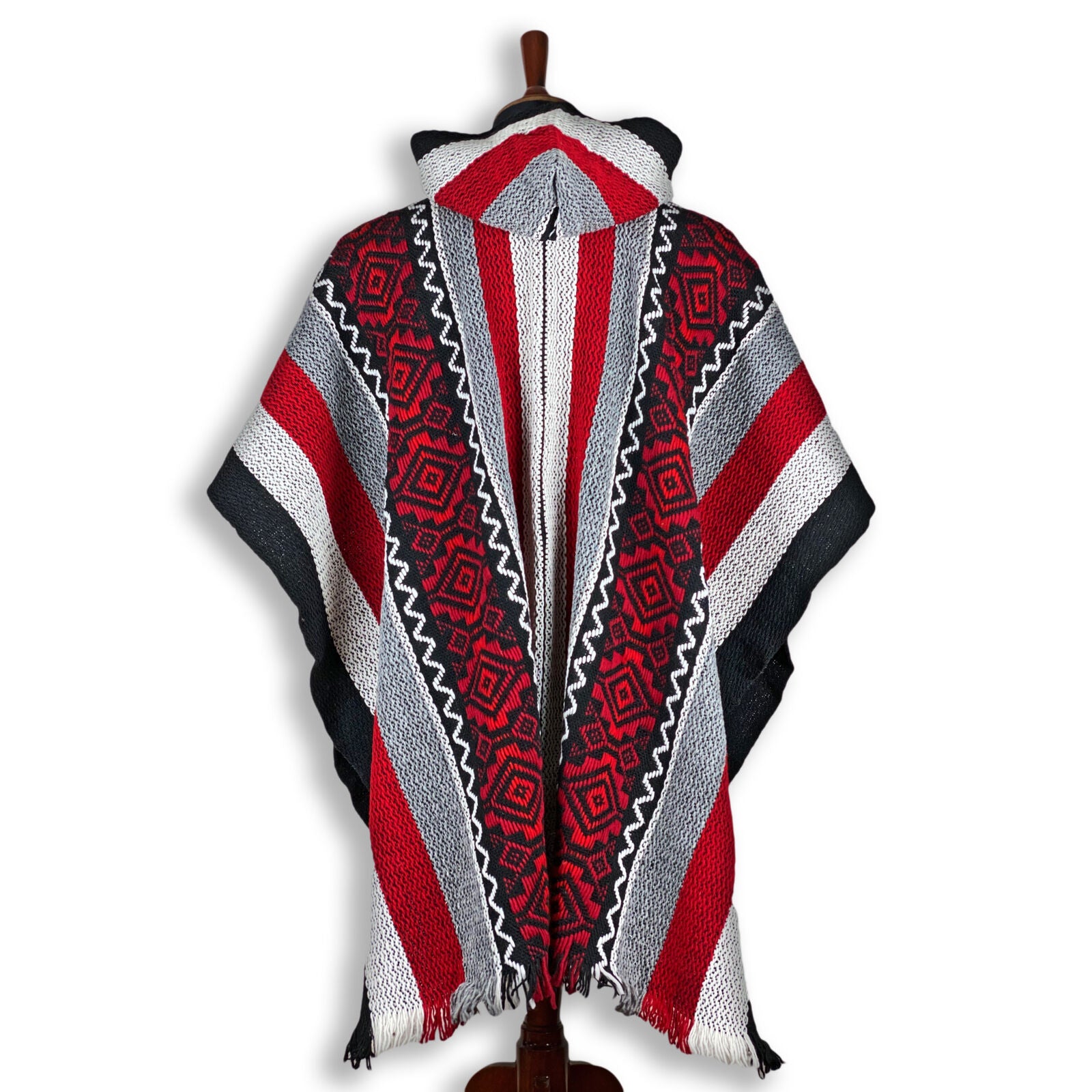 Llama Wool Unisex South American Handwoven Poncho - striped pattern BLACK/WHITE/RED with red diamonds