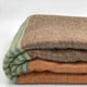 Latacunga alpaca wool throw blanket – a folded, multicolored woolen blanket with shades of brown, green, and orange rests against a plain, white background