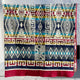 A colorful blanket, hanging and featuring geometric patterns with diamonds and zigzags in blue, yellow, red, and white, is displayed against a white wall.