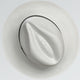 A white, textured panama hat with a black band is resting on a flat, light surface, viewed from above, highlighting its creased crown and circular brim.