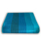 Cajabamba alpaca wool blanket – a folded blanket displays horizontal stripes in varying shades of blue, lying flat against a white background, creating a vibrant, colorful pattern