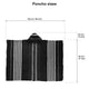 Poncho with stripes and a hood is displayed flat, showing dimensions: 122 cm/48 inches wide, 33 cm/13 inches hood height, and 93 cm/37 inches body height. Text: Poncho sizes.