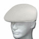 A white woven flat cap rests on a mannequin head, set against a plain white background.