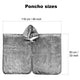 A hooded poncho is displayed, laid flat with dimensions labeled: width 118 cm (46 inches) and height 83 cm (33 inches). The background is plain white. Text: Poncho sizes.