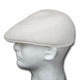 A white, textured flat cap sits on a mannequin head facing left, set against a plain white background, showcasing the cap's woven pattern and structure.