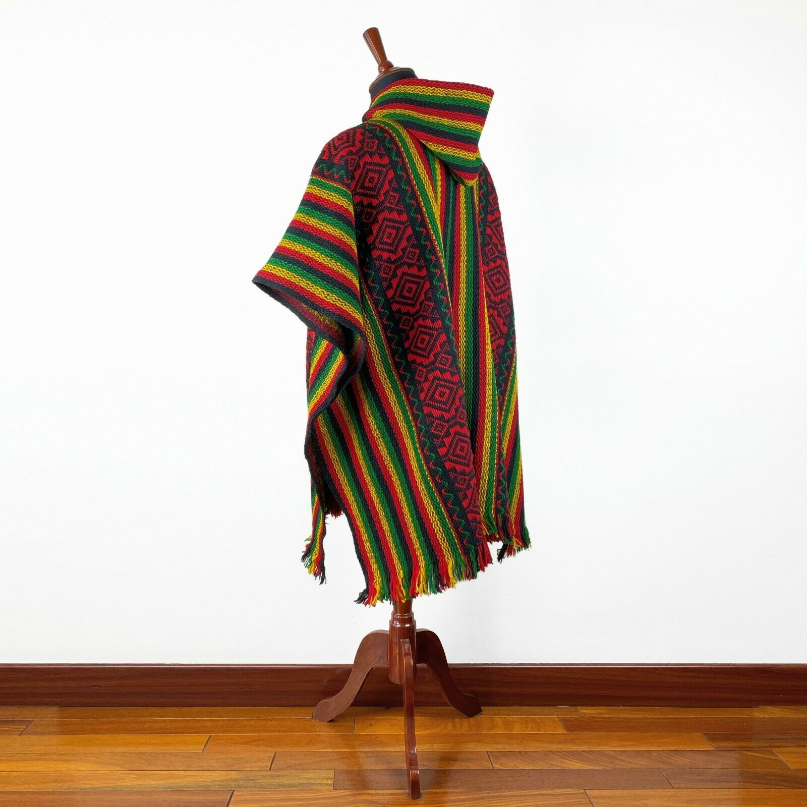 Llama Wool Unisex South American Handwoven Hooded Poncho - striped with diamonds rasta/hippie