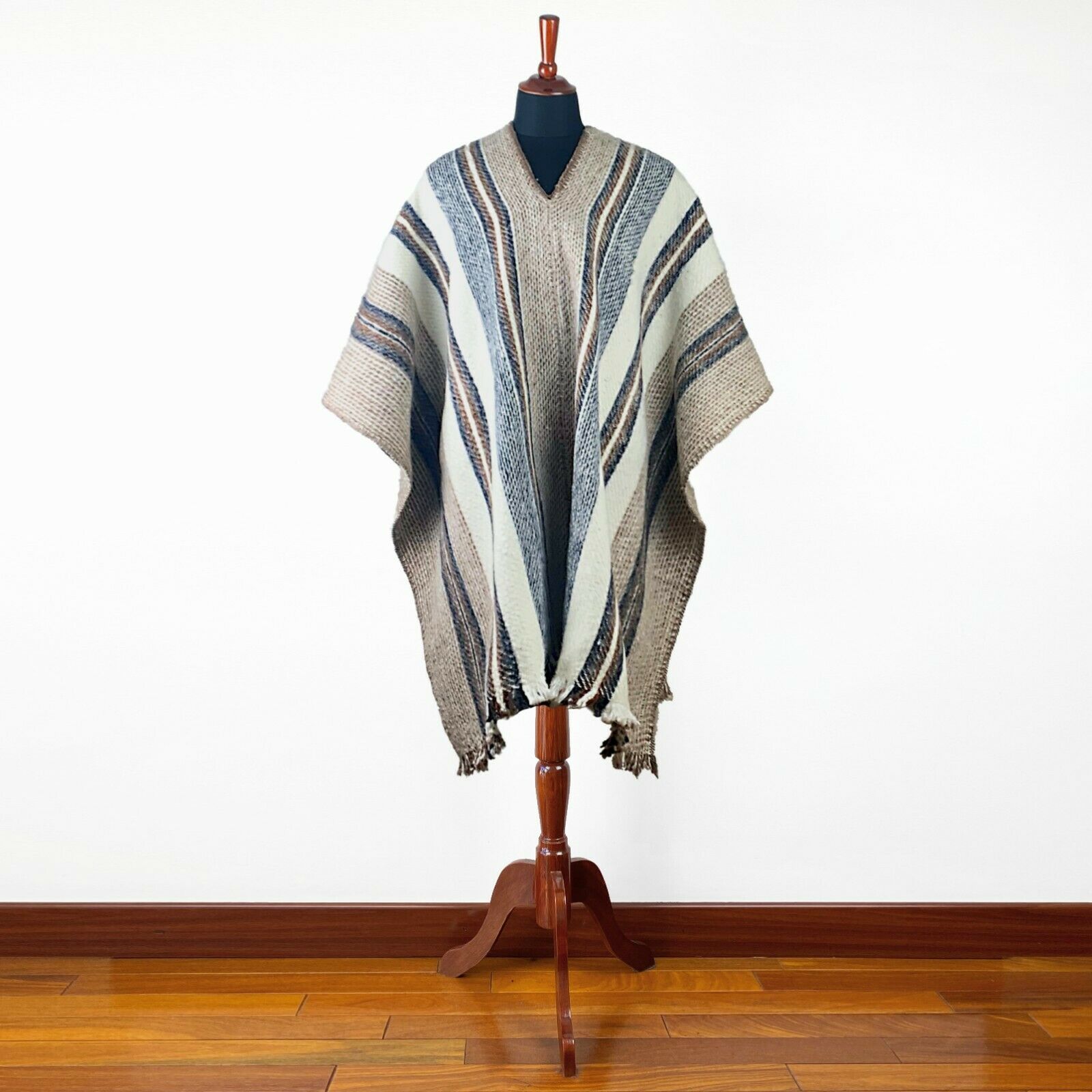 Llama Wool Unisex South American Handwoven Serape Poncho - XXL - striped pattern