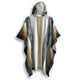 A hooded poncho with wide sleeves features vertical stripes and intricate patterns in shades of beige, gray, and cream, displayed against a plain white background.