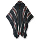 Llama Wool Hooded Poncho – a black hooded poncho hangs against a plain background, featuring gray, white, and red diagonal stripes, and a wooden button near the collar