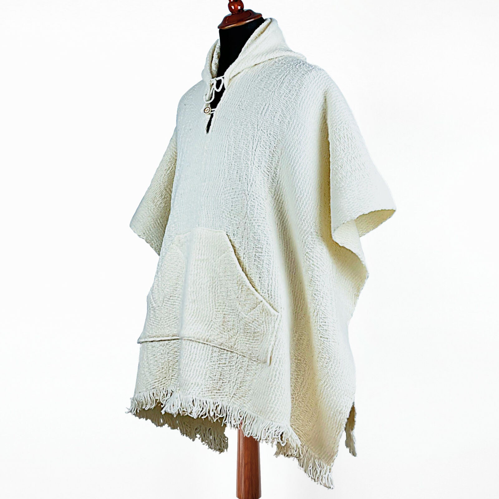 Llama Wool Unisex Handwoven Hooded Poncho - wavy striped white pattern - pocket