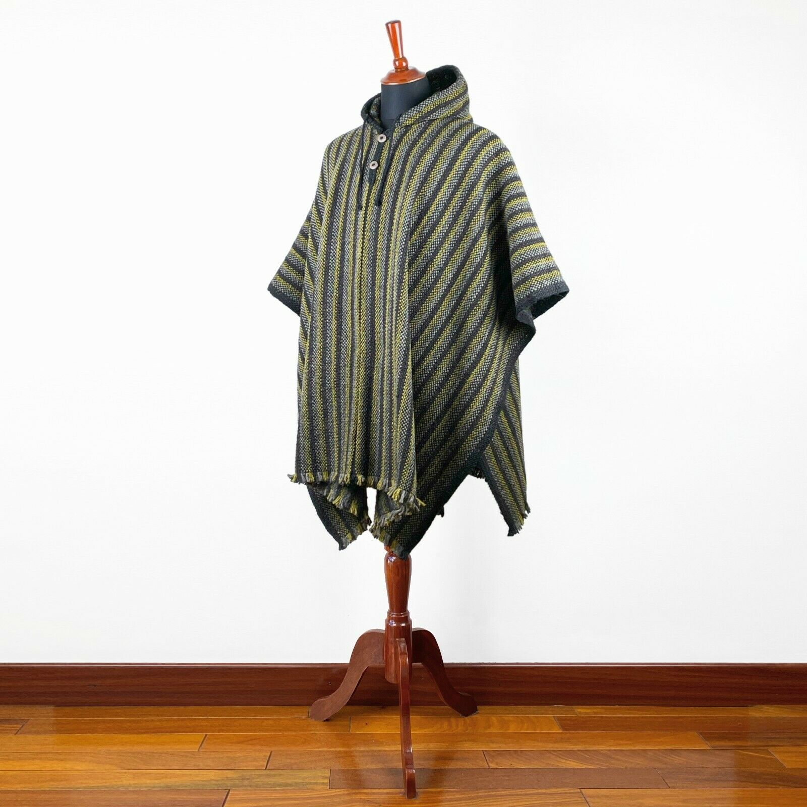 Llama Wool Unisex South American Handwoven Hooded Poncho - thin stripes - black-pistachio