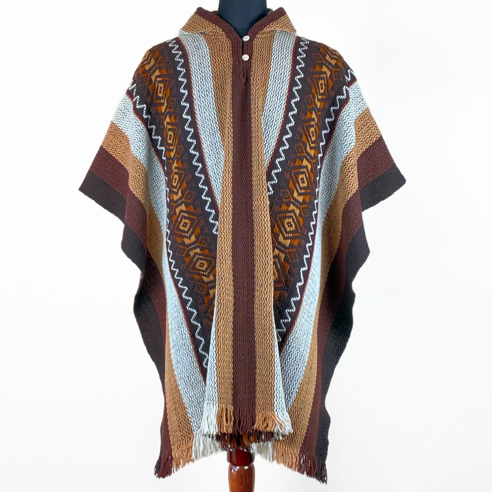 Llama Wool Unisex South American Handwoven Hooded Poncho - striped wit ...
