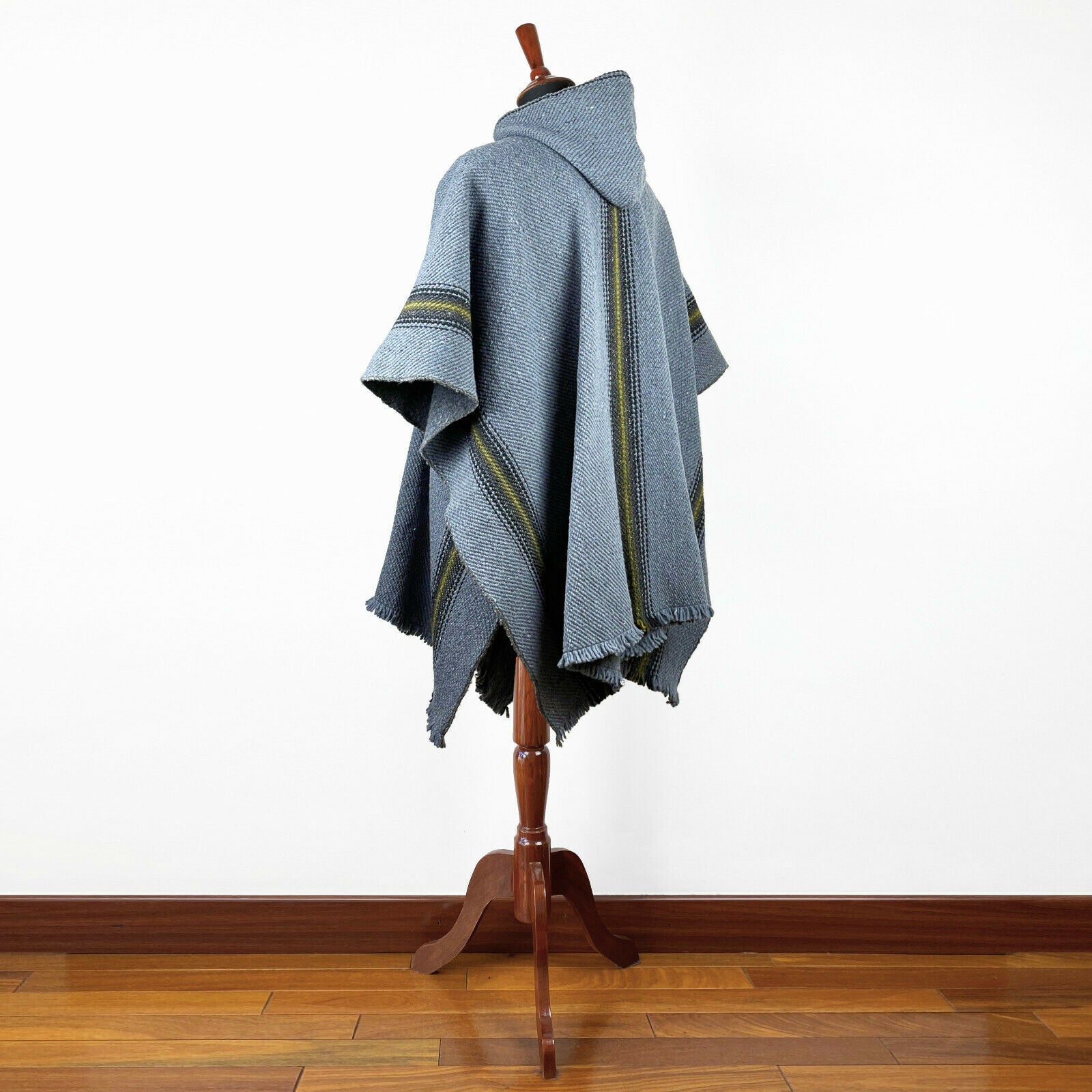 Llama Wool Unisex South American Handwoven Hooded Poncho - thin stripes - grey