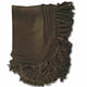 Dark brown, folded shawl features a fringed edge with intricate crochet detailing, set against a plain white background, highlighting its texture and craftsmanship.
