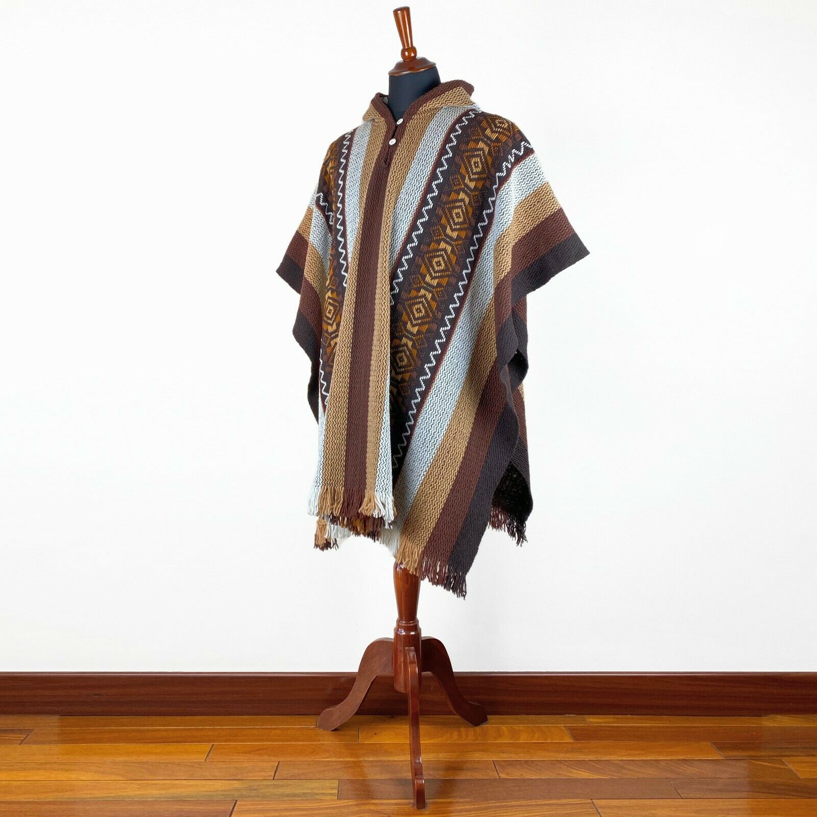 Llama Wool Unisex South American Handwoven Hooded Poncho - striped with diamonds pattern brown