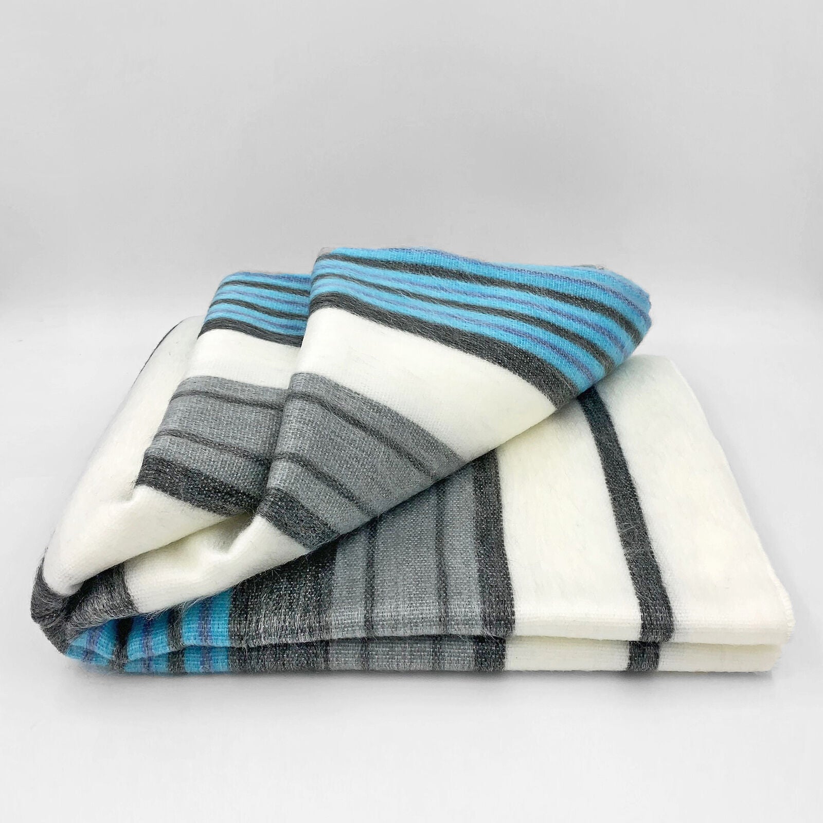 Aychapicho - Baby Alpaca Wool Throw Blanket / Sofa Cover - Queen 90" x 65" - striped pattern white/cyan/gray