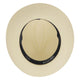 A straw hat lies flat with a black inner band. Text includes “Made in Ecuador” and “100% Paja Toquilla.” The background is plain white.
