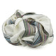 Sigchos baby alpaca wool blanket – a crumpled white blanket with colorful stripes lies on a flat surface, displaying various shades of gray, pink, green, and blue within the patterns