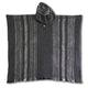 Llama Wool Hooded Poncho – a dark gray poncho with white and black vertical stripes, featuring a hood and a buttoned collar, laid flat against a plain white background