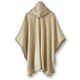 A beige poncho hangs with a hood at the top, draping down symmetrically. The fabric appears soft and flowing, set against a plain, white background.