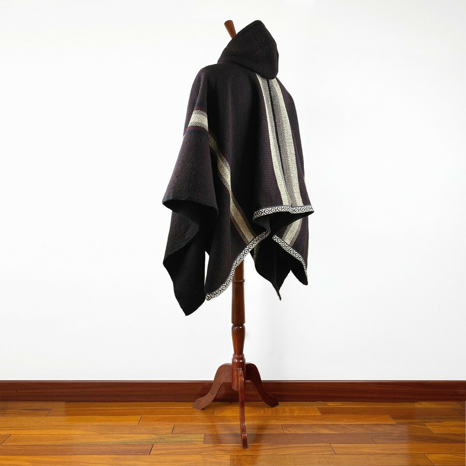 Nanguipa - Llama Wool Unisex South American Handwoven Wide Thick Poncho - striped pattern