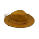 A brown leather hat with a creased crown and braided band rests on a white background, featuring two small vent holes on its side for airflow.