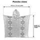 Llama Wool Hooded Poncho – a hooded poncho features geometric patterns, measuring 104 cm/41 inches wide and 82-86 cm/32-34 inches tall. Text reads: Poncho sizes and provides dimensions