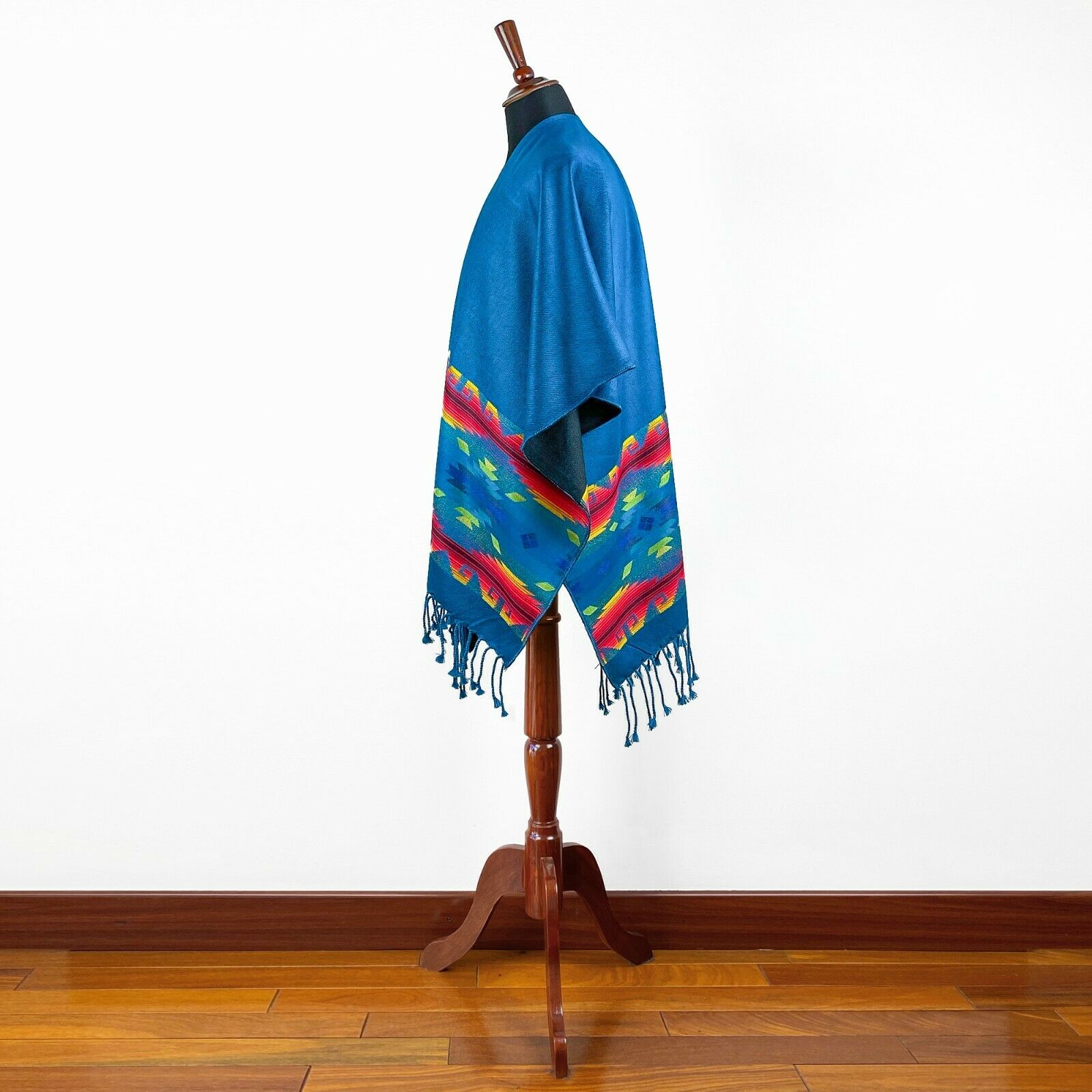 Lightweight Thin Alpaca Wool UNISEX Ruana Cape Poncho/Shawl - Blue with authentic pattern