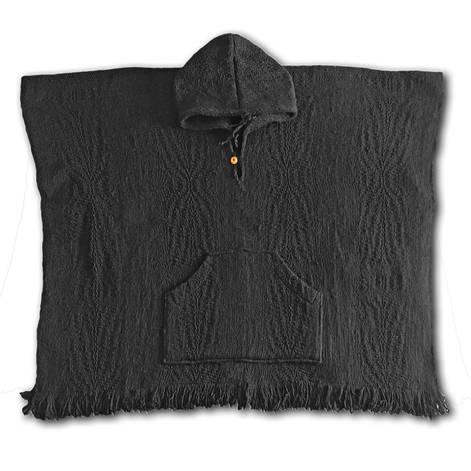 Llama Wool Unisex South American Handwoven Hooded Poncho - wavy striped black pattern - pocket